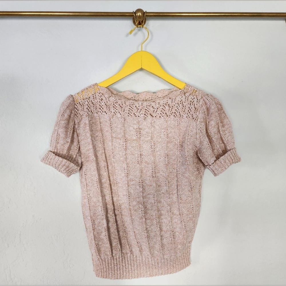 Vintage Oatmeal Pointelle Short Sleeve Sweater size S